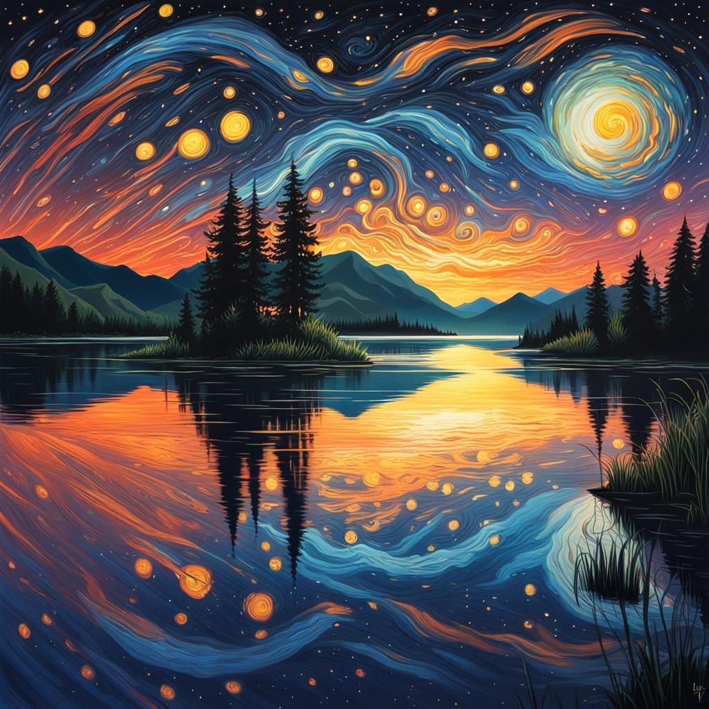 Starry Night Reflection in Hyperrealistic Splash Art