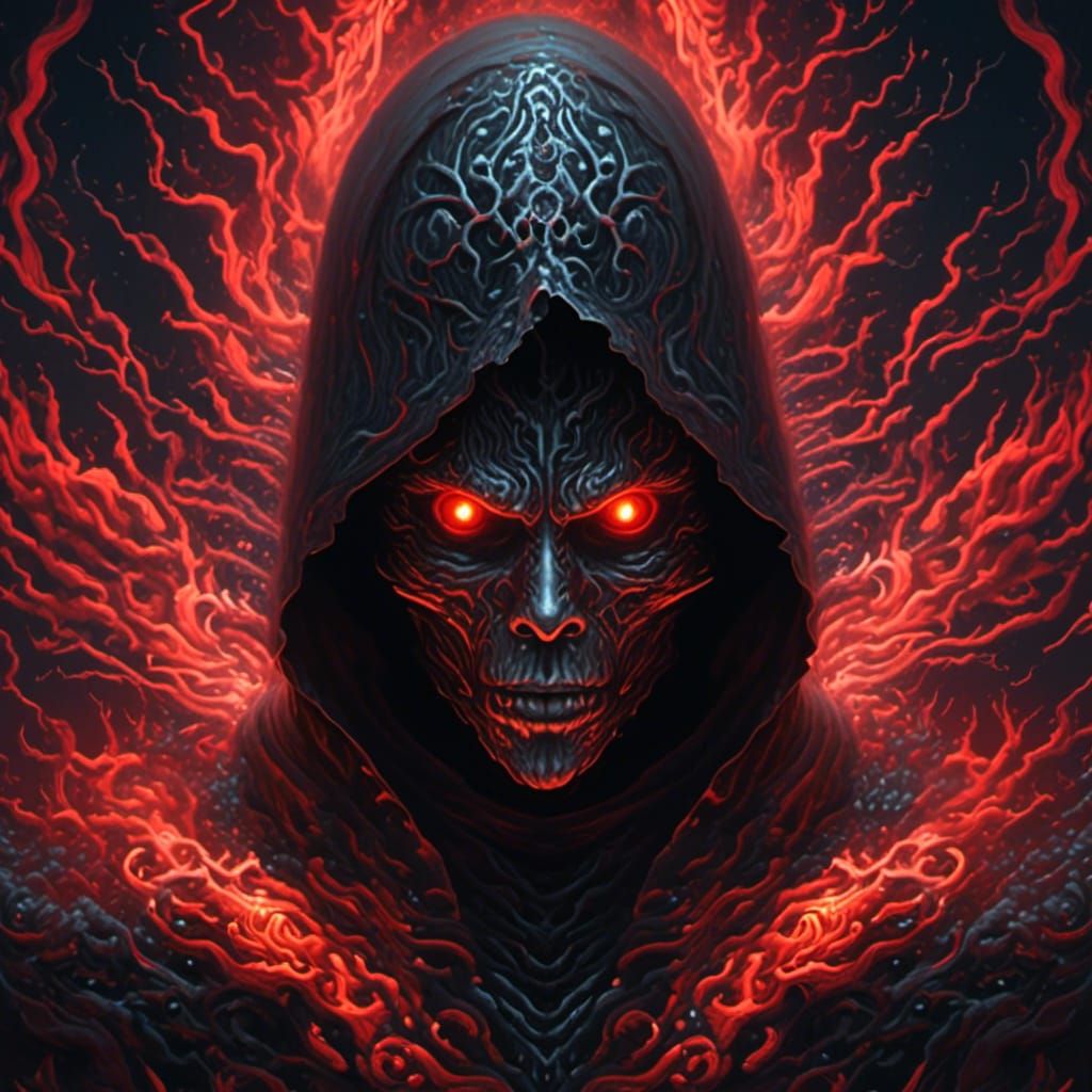 a hooded figure with red eyes and smoke, vivid and detailed ...
