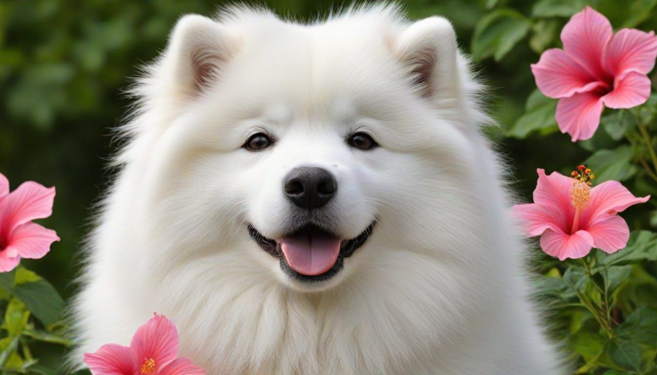 Astonishing Samoyed Surrounded by Hibiscus Flowers
