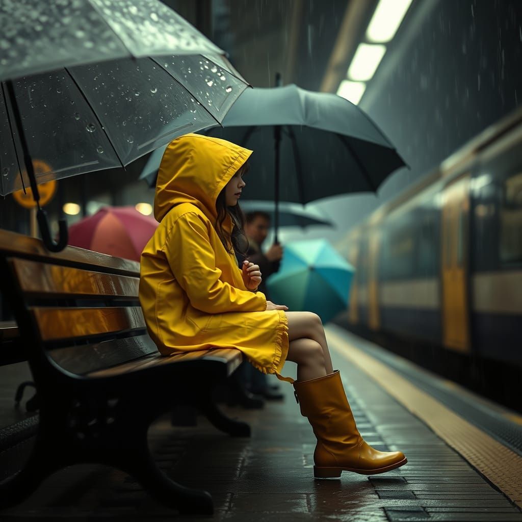 Girl Waiting for Train in Rainy Cityscape