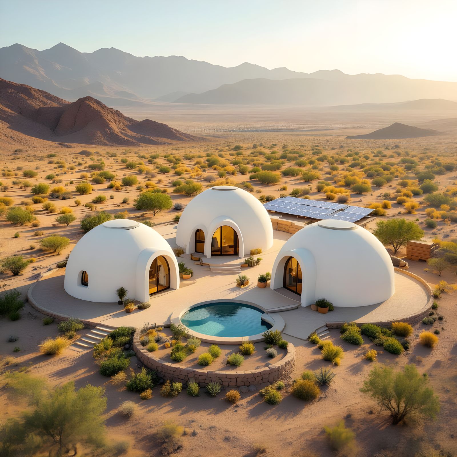 Aerial View of Eco-Friendly Superadobe Domes in Desert Lands...