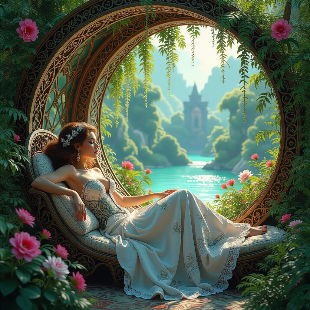 Surreal Garden Paradise with Eve, Fantasy Concept Art