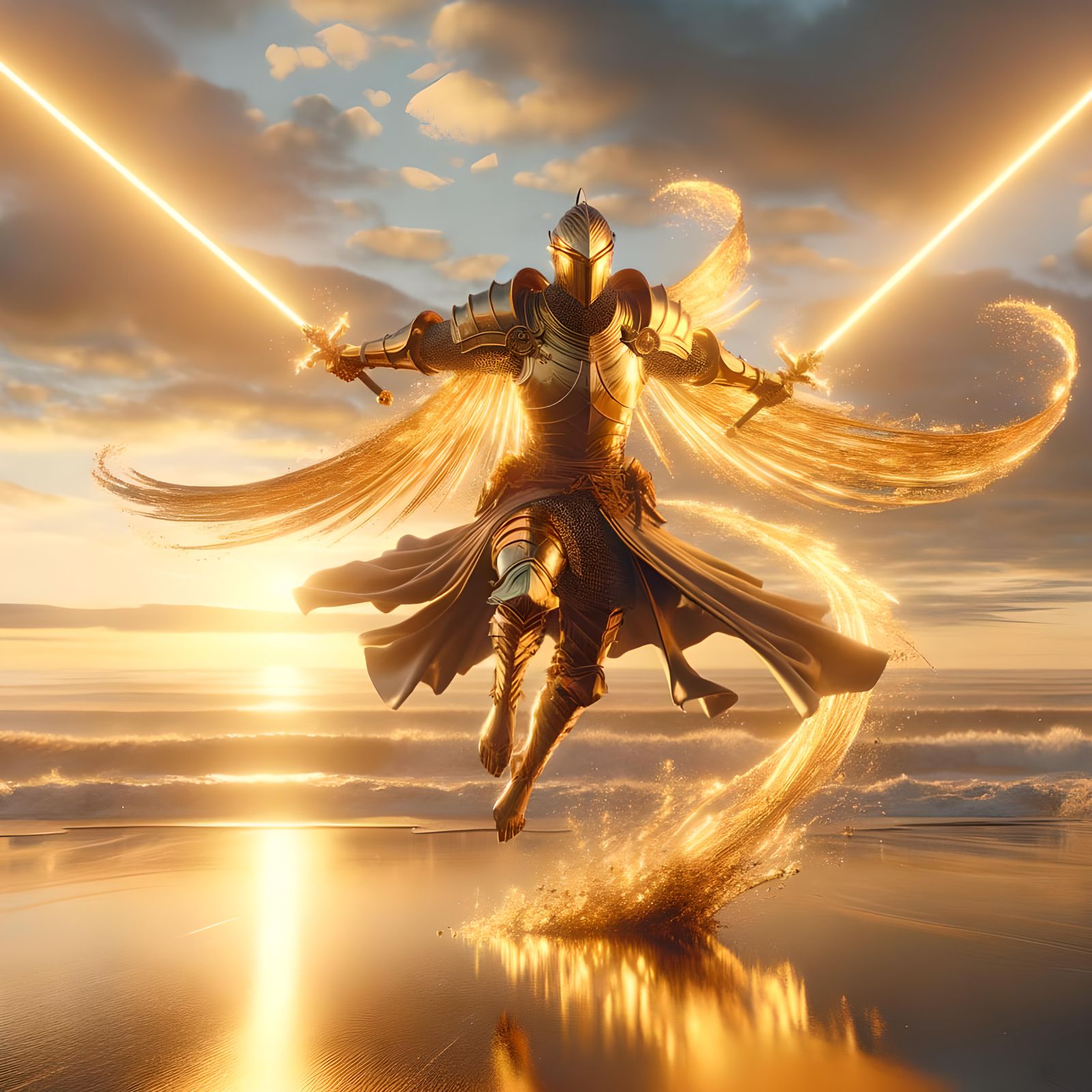 Golden Warrior with Light Swords at Sunrise