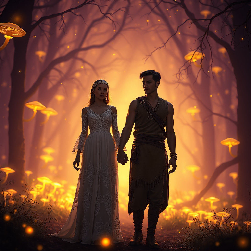 Mystical Forest Threshold: Couple in a Dark Fantasy Landscap...