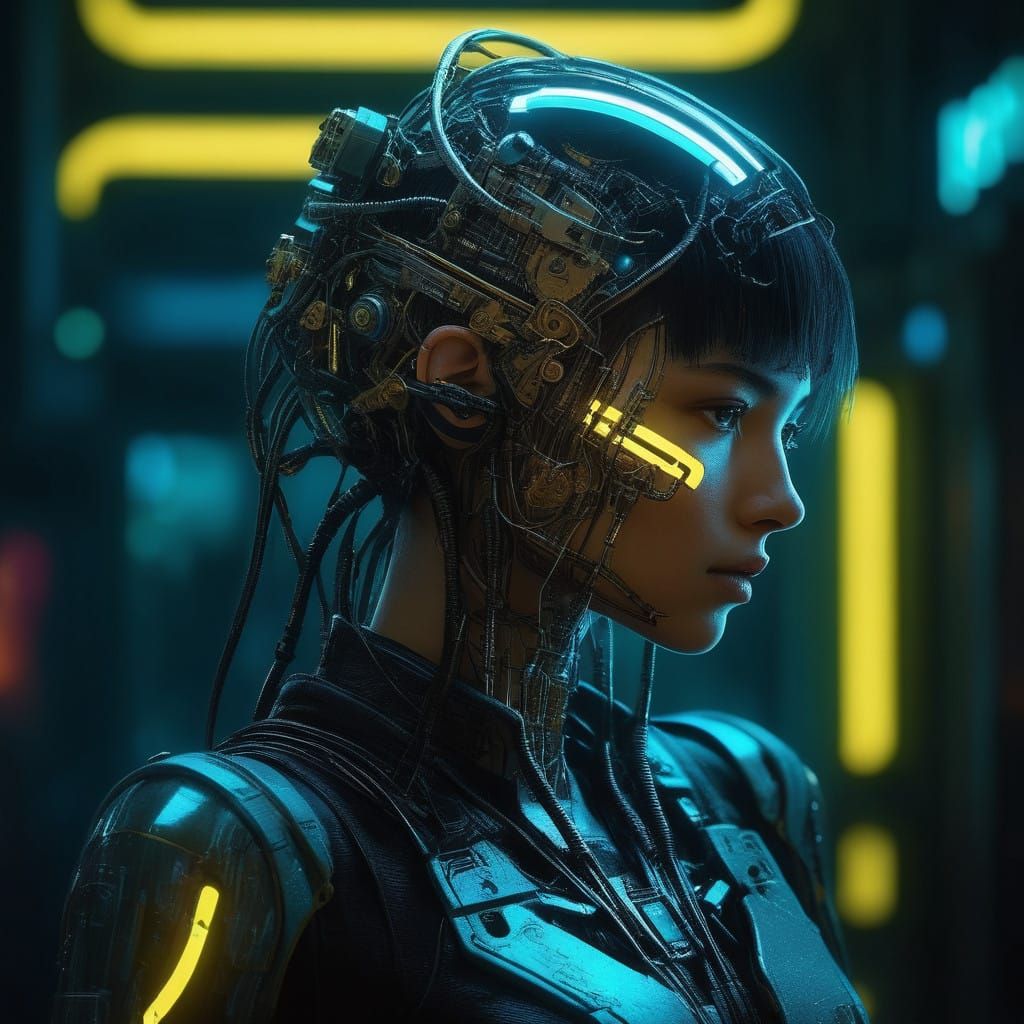 Ethereal Cyberpunk Goddess with Neon Cybernetic Enhancements