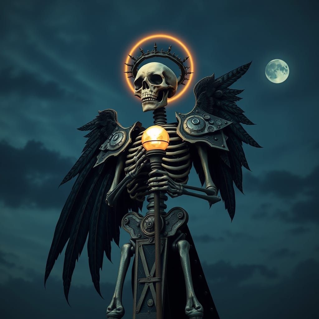 Skeletal Warrior with Gears and Steampunk Armor in a Celesti...