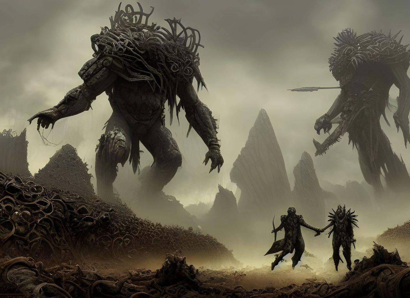 Epic Battlefield of Nephilim Gods in Sci-Fi Style