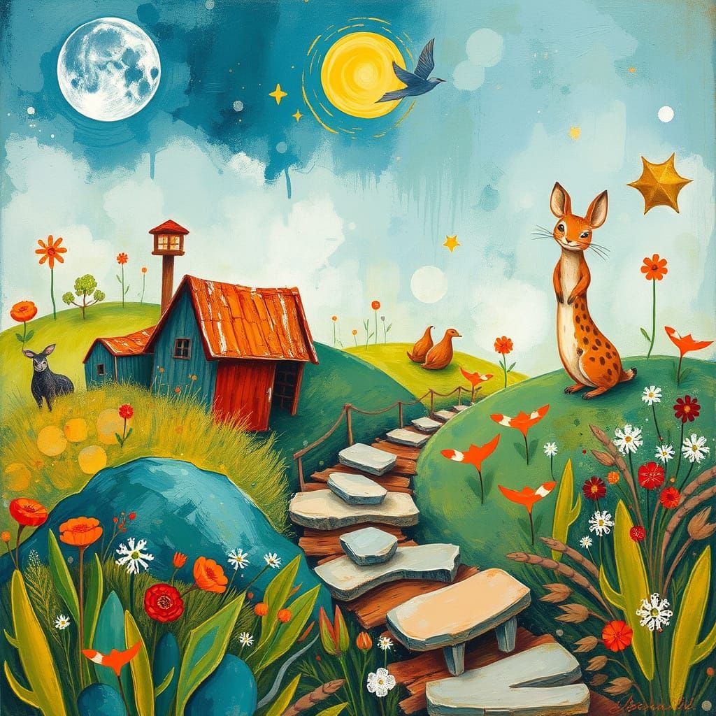 Whimsical Gouache Masterpiece in Earthy Tones