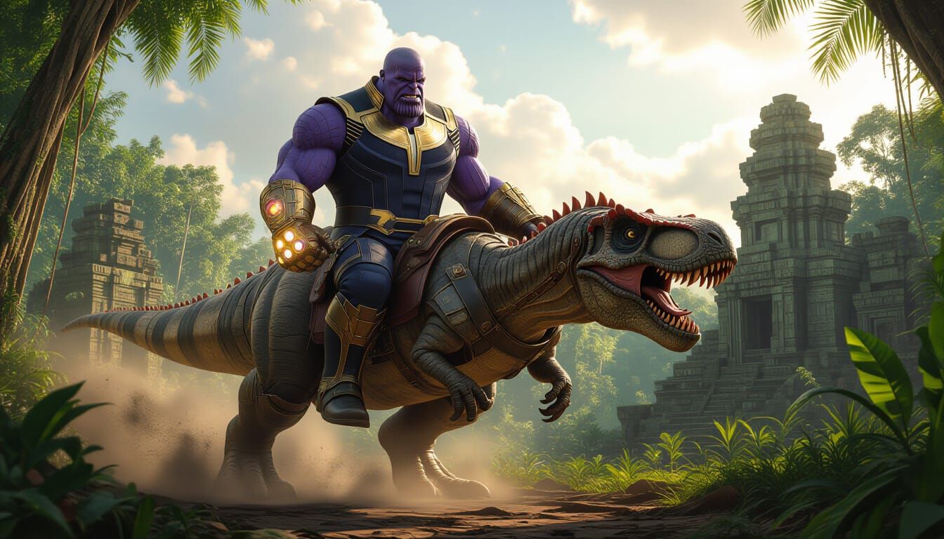 Thanos Rides Armored T-Rex in Jungle Scene