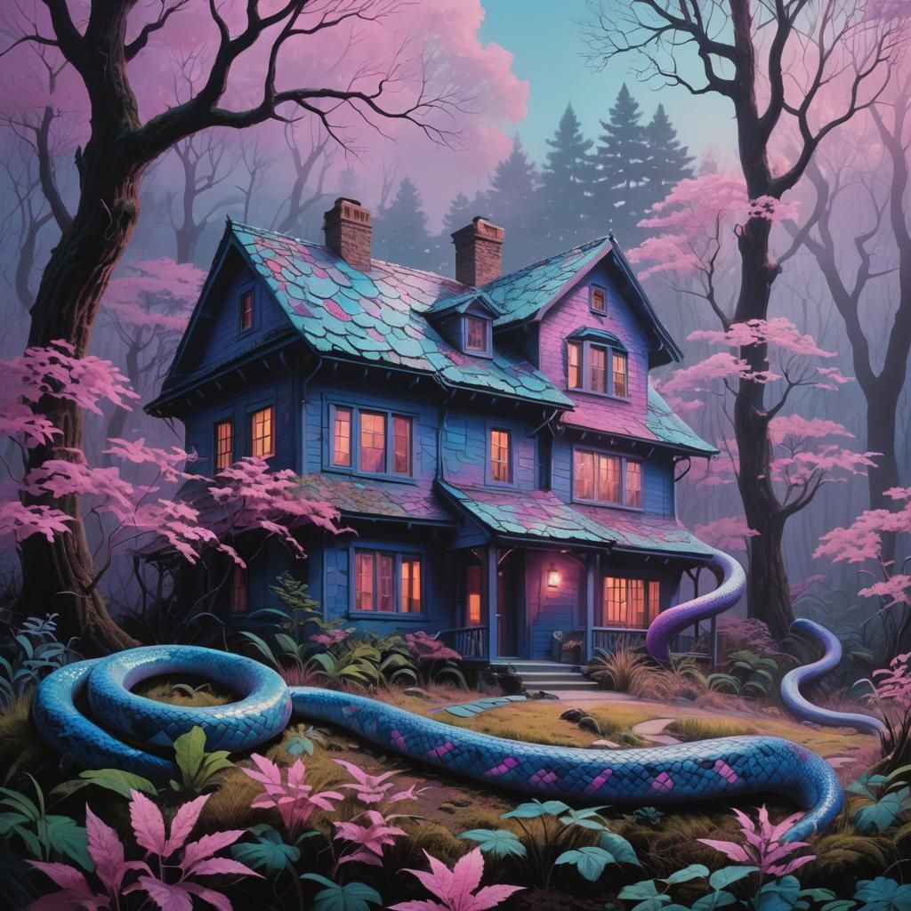 Snake Wrapped Around House with Bioluminescent Patterns