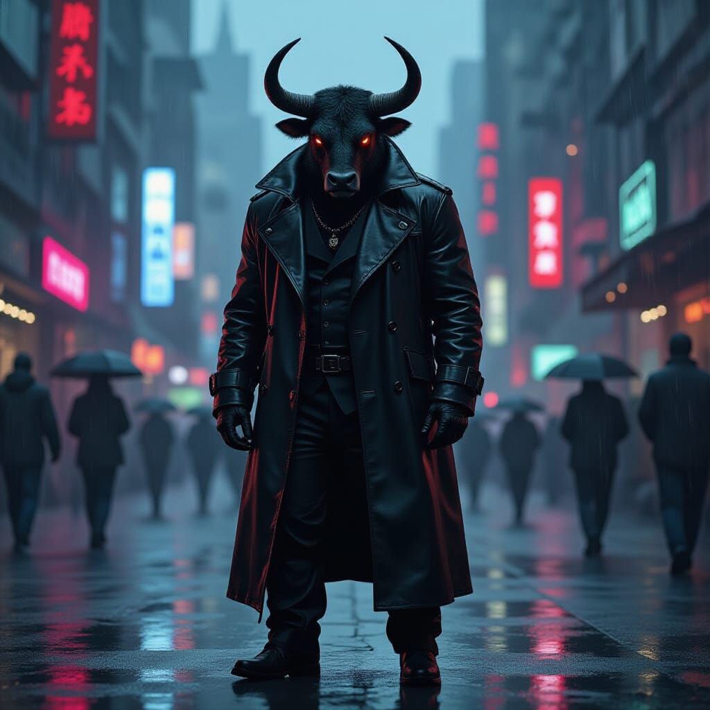 Minotaur in Cyberpunk Cityscape