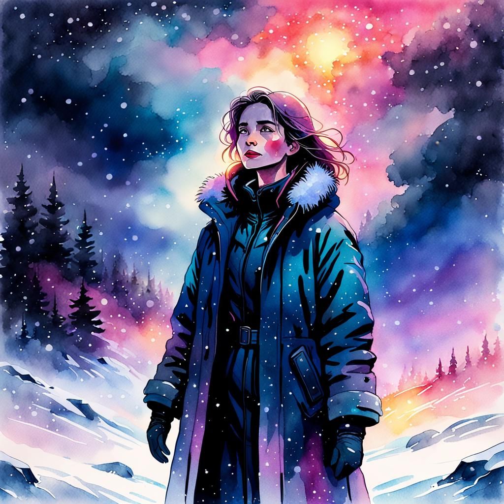 Synthwave Winter Landscape Watercolor Painting of Woman