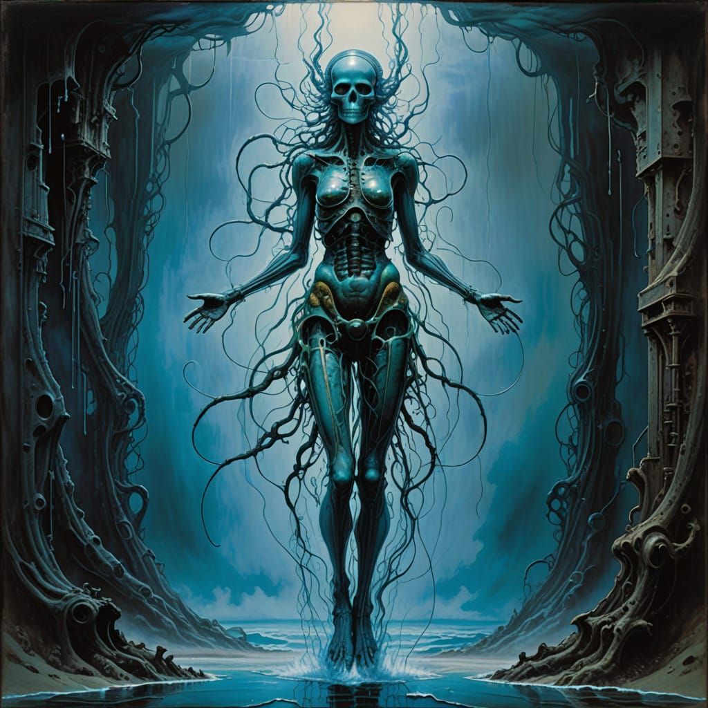 Surrealist Water Being in a Translucent Droplet