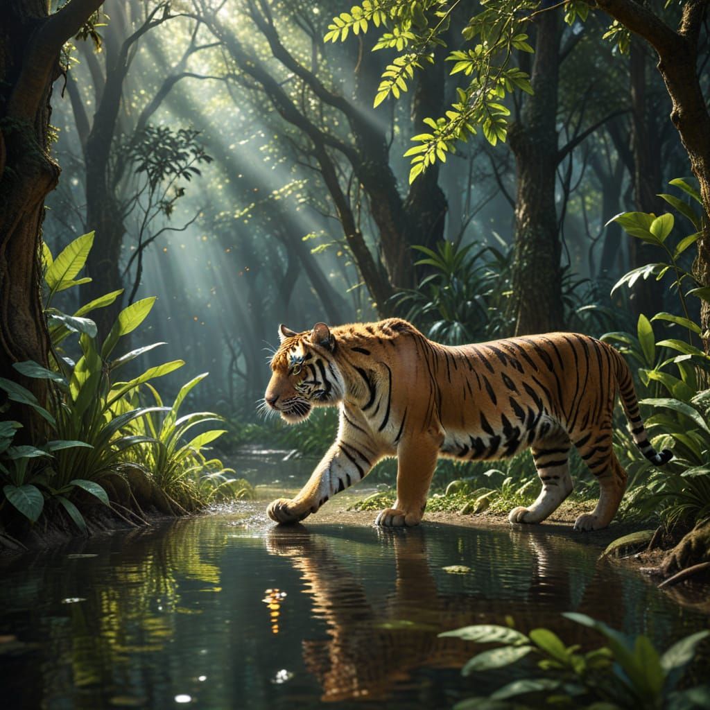 Tiger Consumes Deer in Jungle, Naturalistic Lighting
