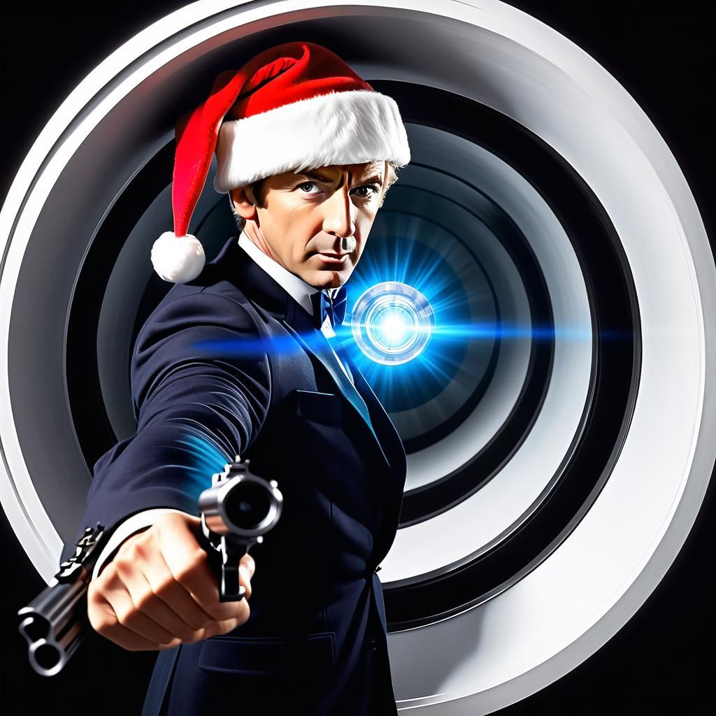 James Bond 007 wearing a Santa hat   holding a gun, being ch...