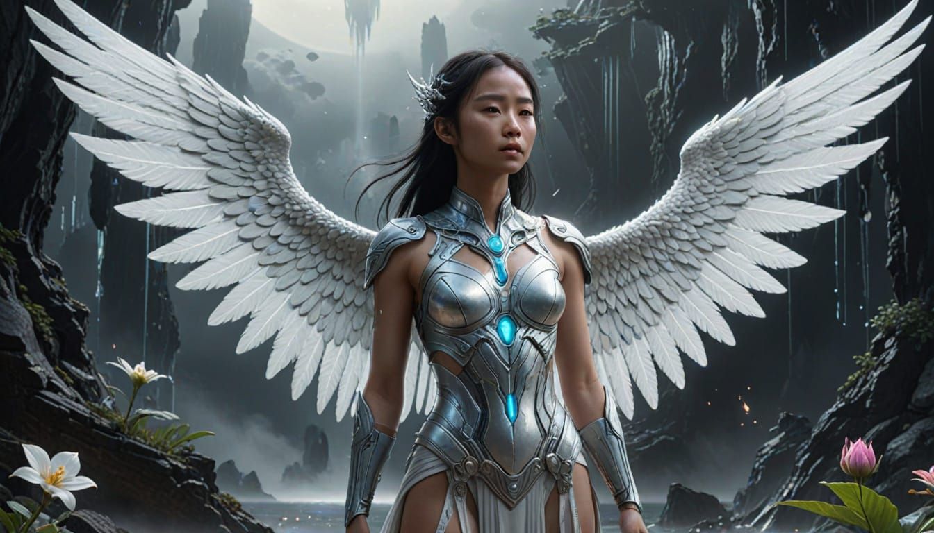 Asian Woman with Angel Wings on Alien Planet