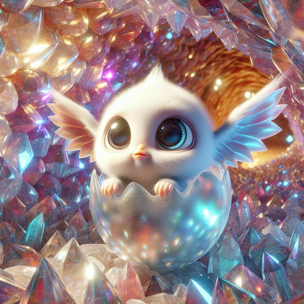 A 3D illustration of an adorable baby winged mythical creature with large, expressive eyes and small, delicate wings. Th...