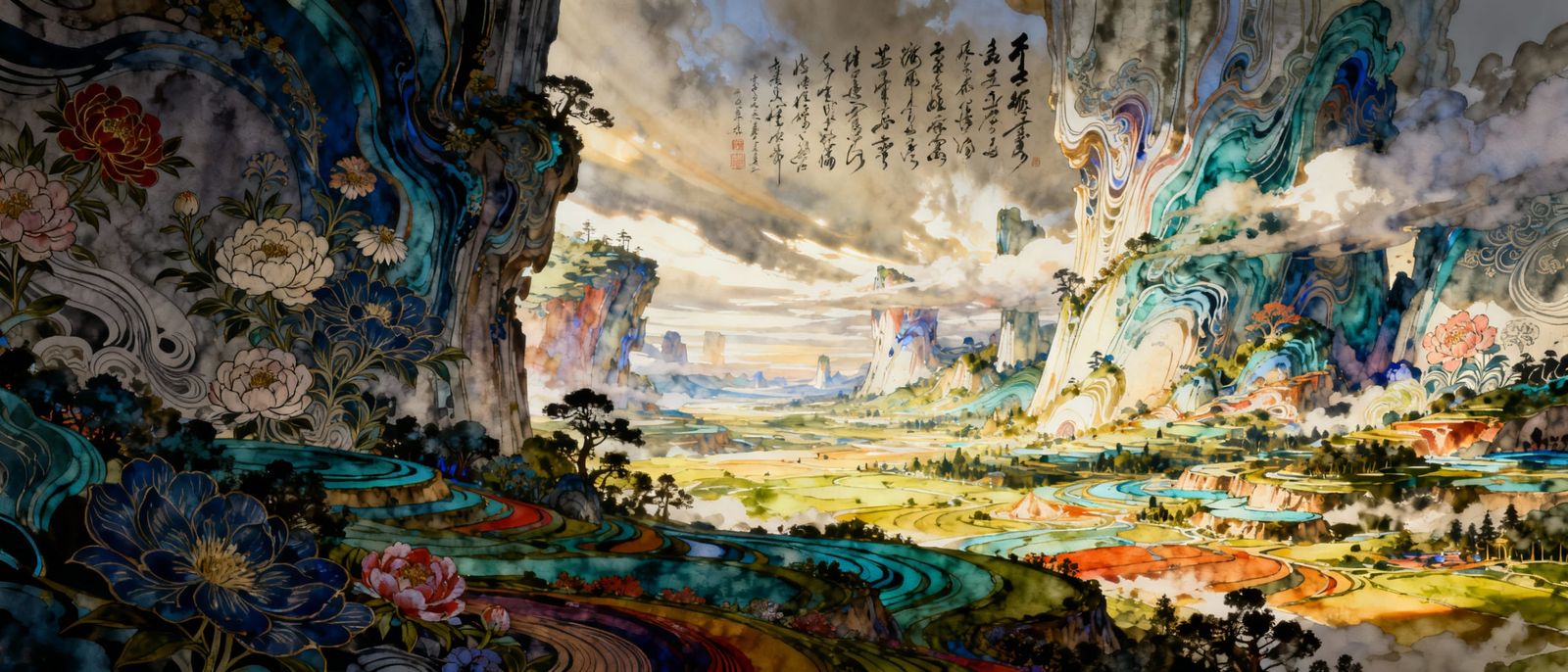 Expansive Fantasy Landscape Painting in Fluid Gouache Style