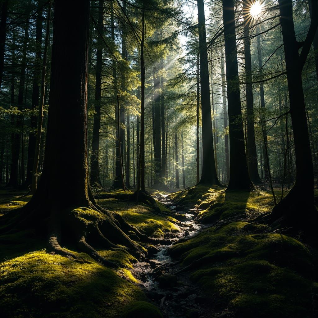 Enchanted Forest: Sunlight Through Ancient Trees