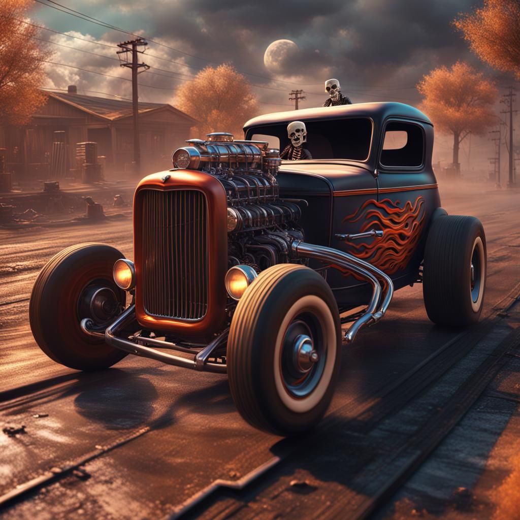 Greaser Skeleton Driving Hot Rod Car in Matte Painting