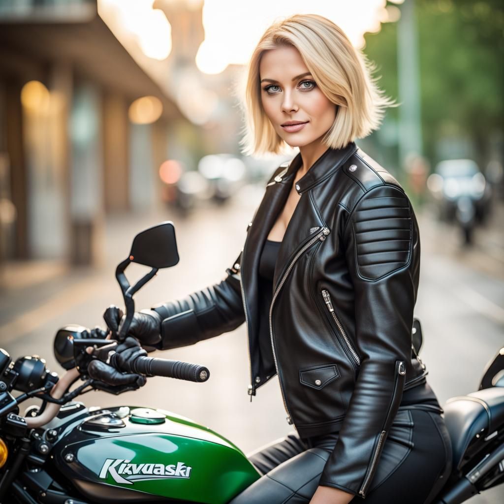 Blonde Woman on Kawasaki Motorbike: Professional Photo