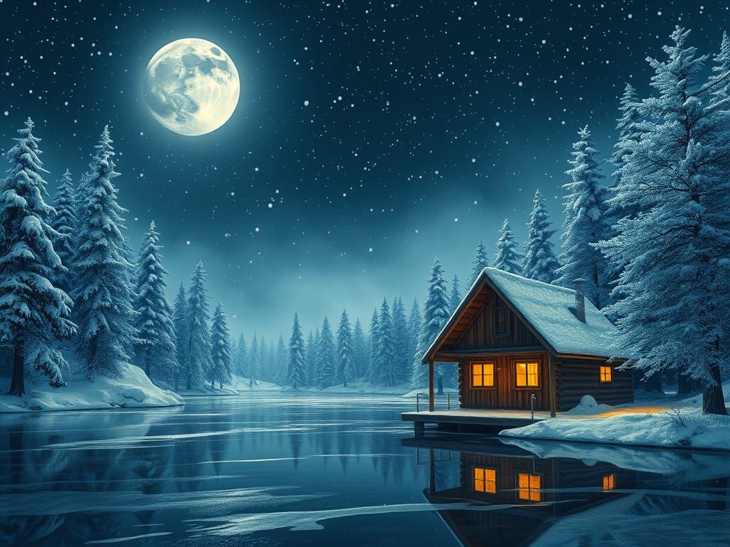Winter Nightscape with Rustic Cabin and Snowy Forest in Ethe...