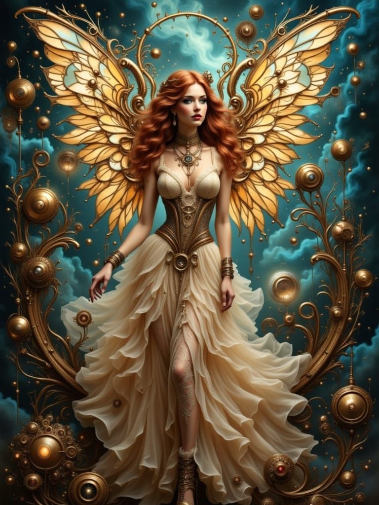 Ethereal Woman with Mechanical Wings in Nebula