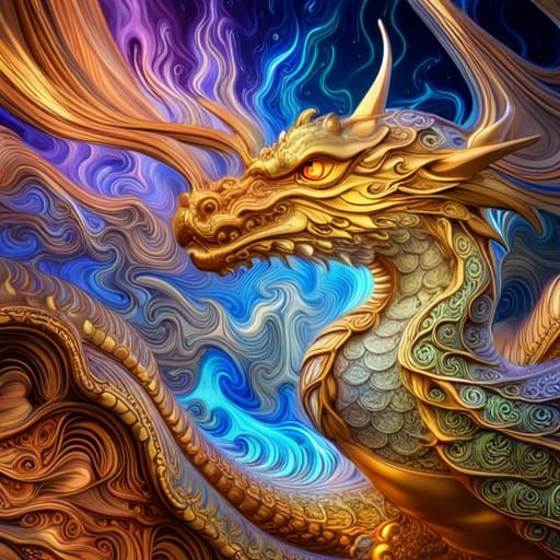 Blue and Gold Glass Dragon Carving in Macro