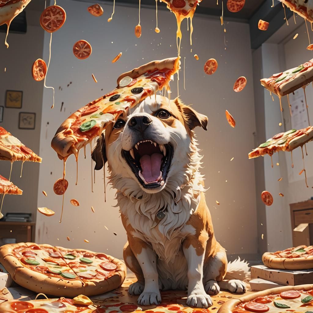 Dog Steals Pizza in Vibrant 3D Anime Art