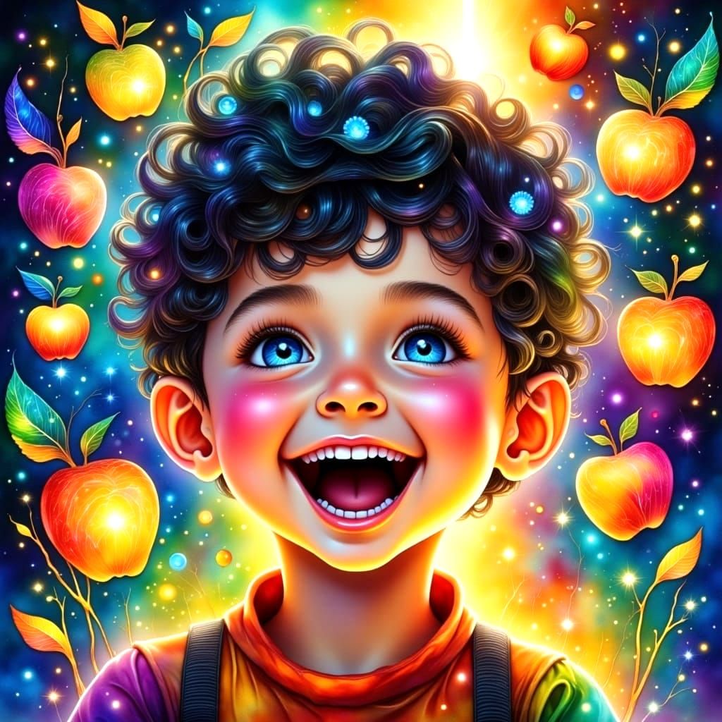 Whimsical Portrait of a Boy with Radiant Apples