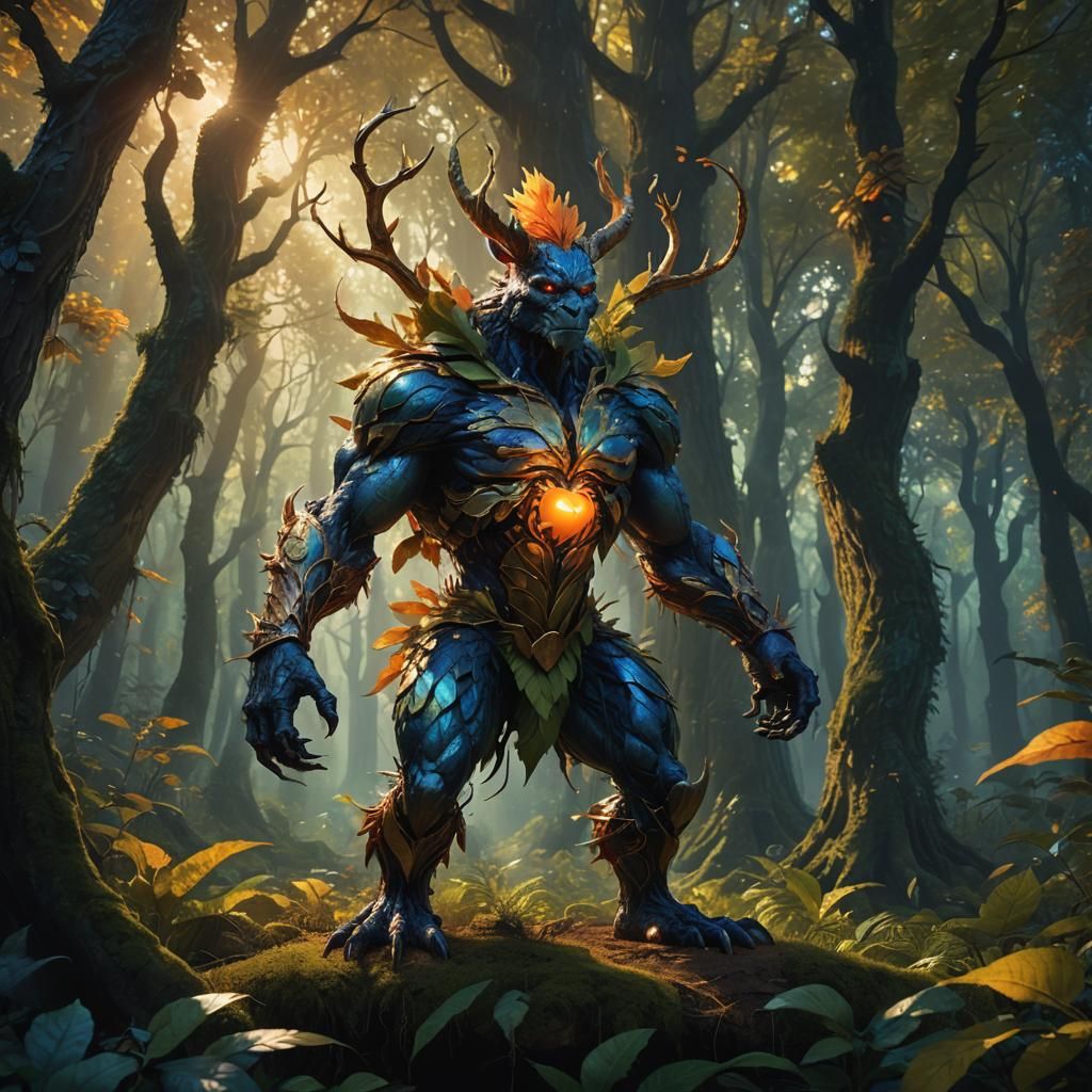 Angry Apple Creature in Lush Forest: Matte Painting