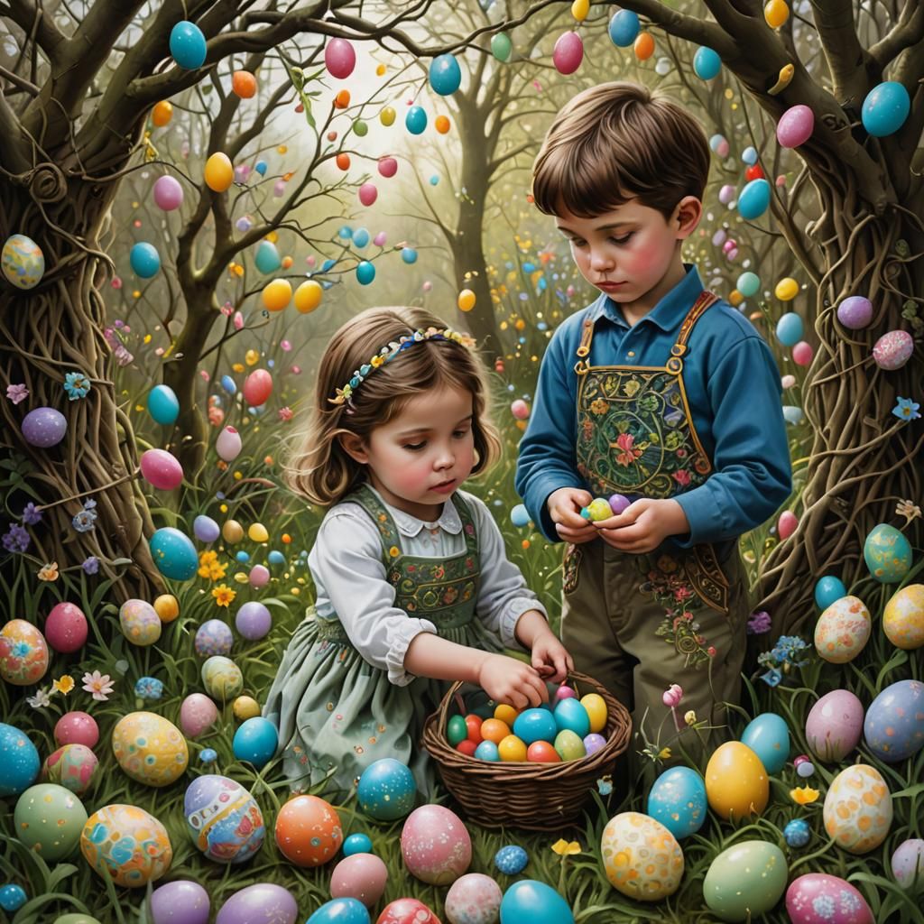 Brother and Sister Easter Egg Hunt Illustration