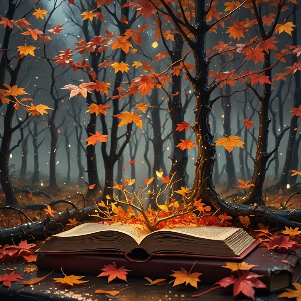 Miniature Autumn Forest in Open Book, Digital Painting