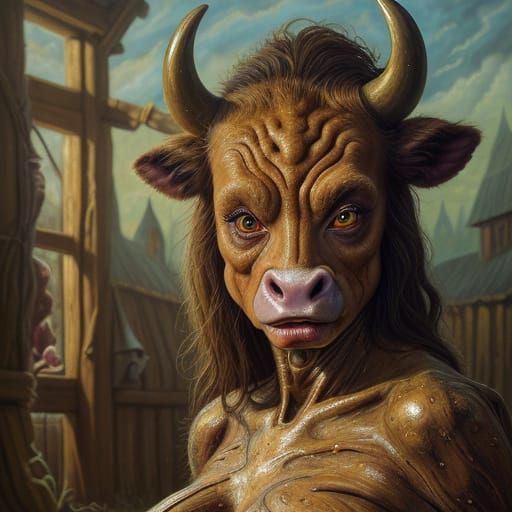 Surreal Anthropomorphic Cow-Woman Transformation in Oil Pain...