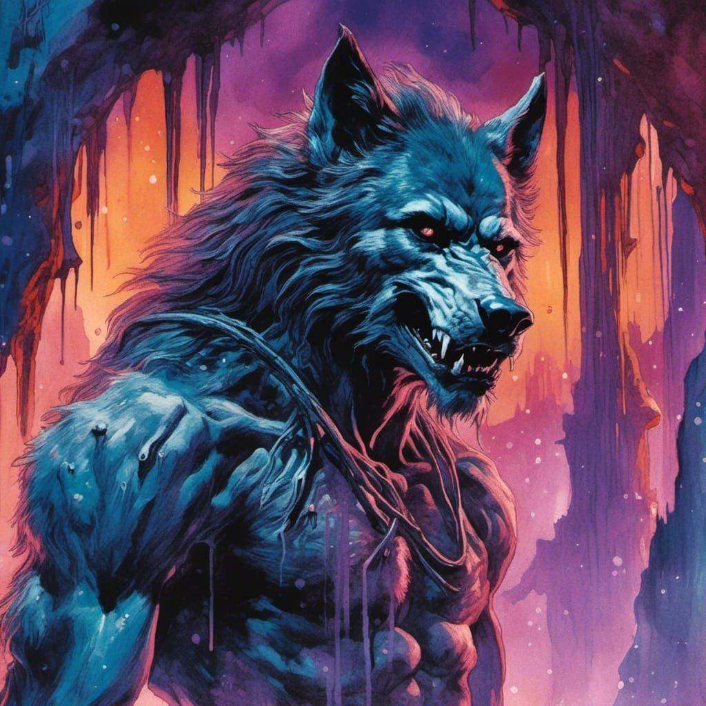 Alien Werewolf Portrait in Bioluminescent Cavern