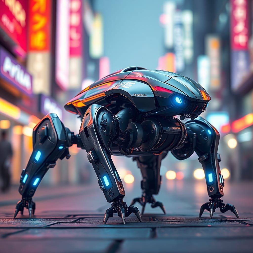 Cyberpunk Tachikoma Robot in Neon Cityscape