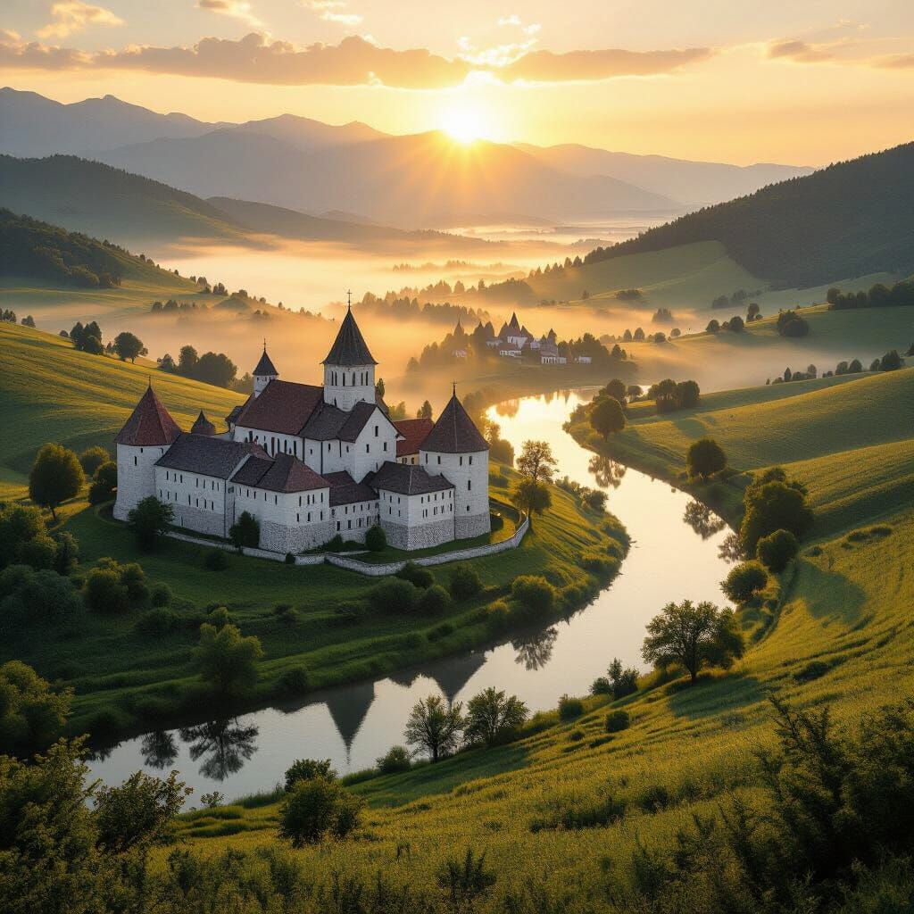 Medieval Monastery at Dawn in Golden Landscape
