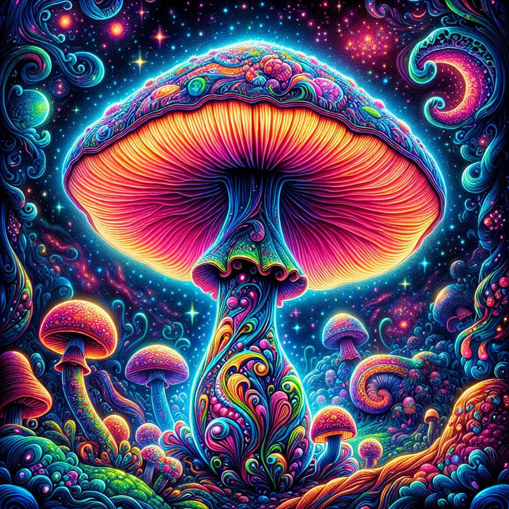 glowing  neon trippy mushroom, wonderland background, trippy...