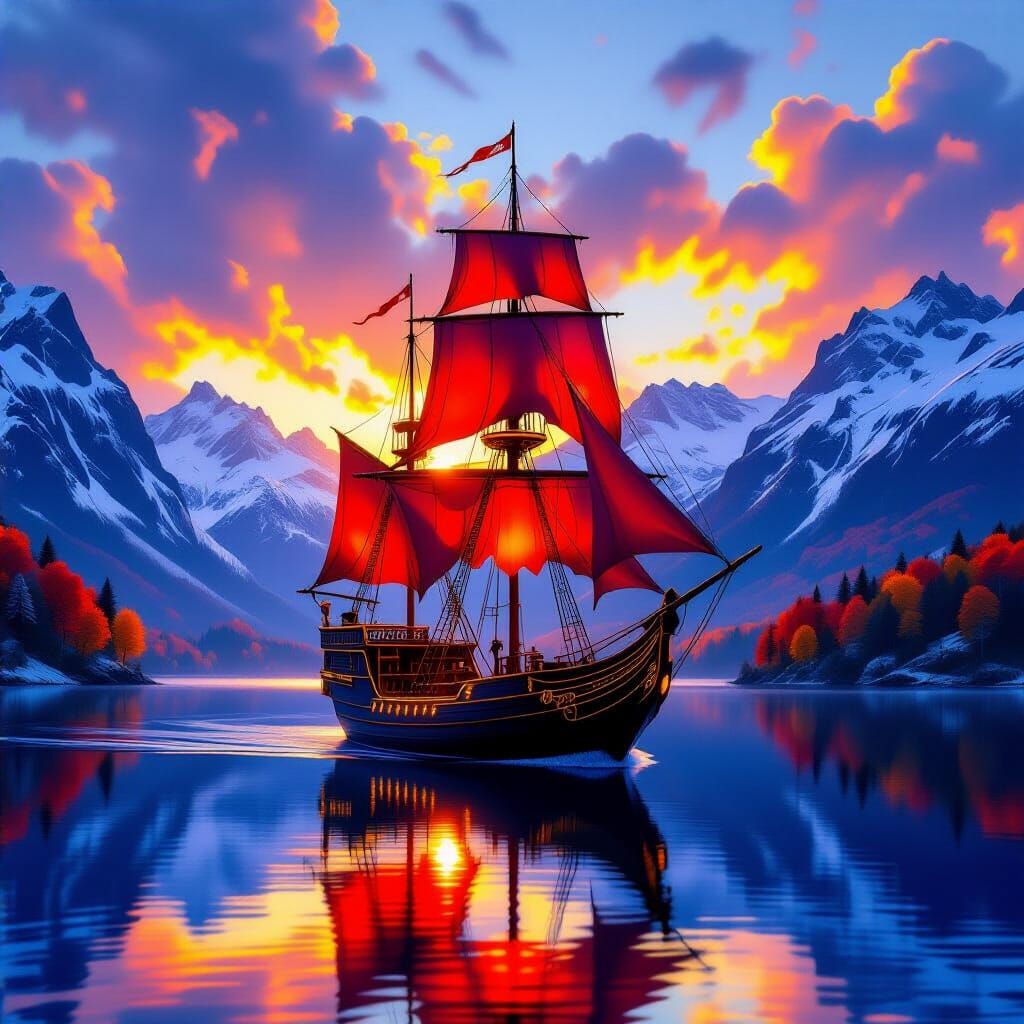 Fantasy Ship with Red Sails on Crystal Lake