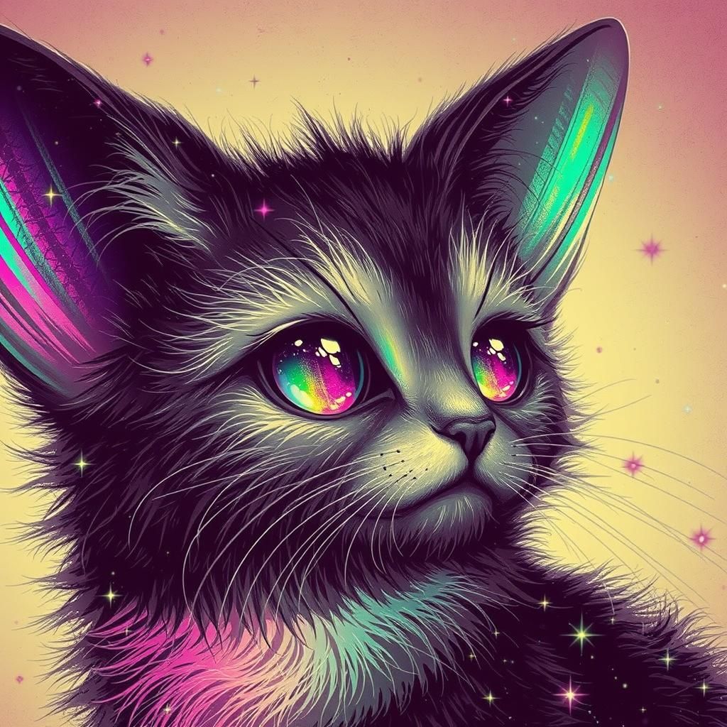 Whimsical Goth Grimalkin Portrait in Holographic Style