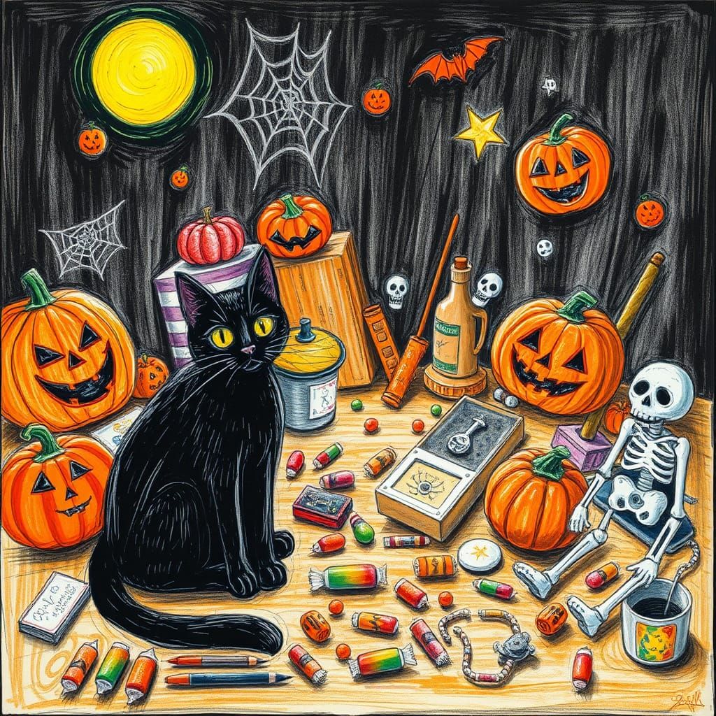 Halloween Black Cat Crayon Drawing in Rayograph Style