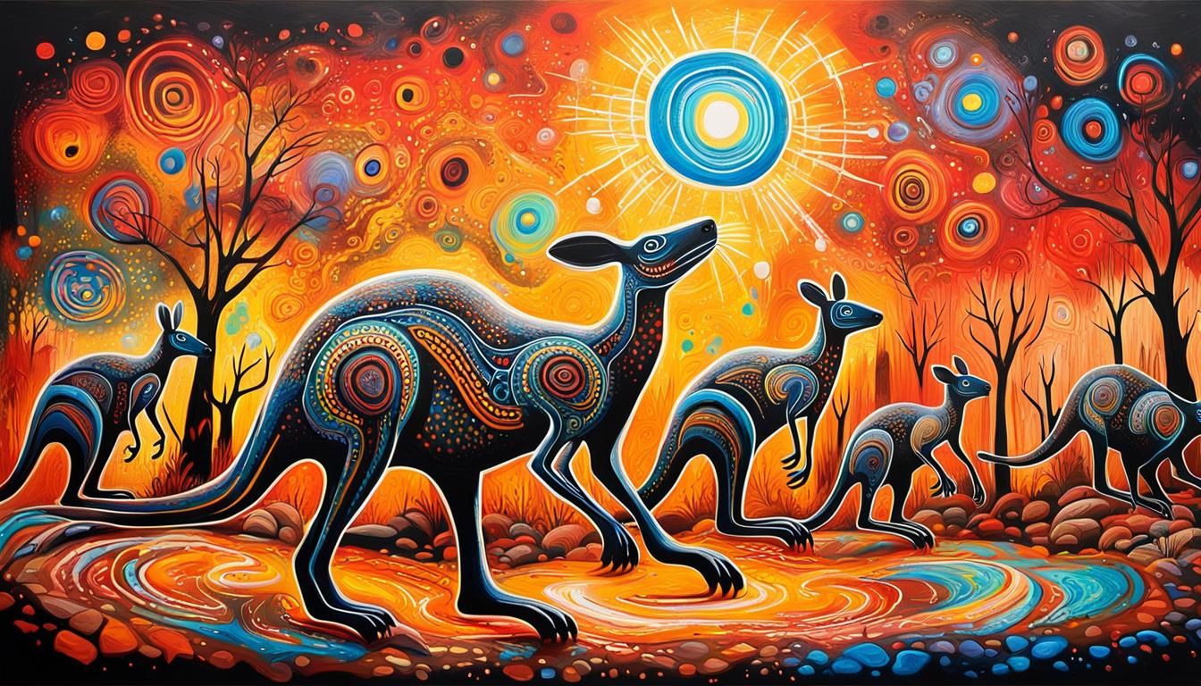 Aboriginal Hunters in Vibrant Graffiti Art Style