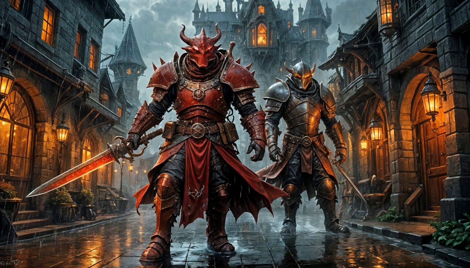 Dragonborn with Sword in Rainy Steampunk Night