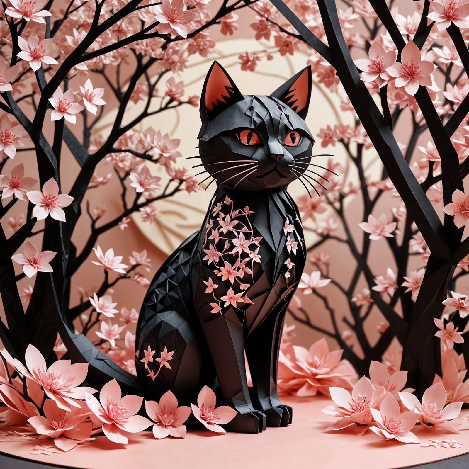 Kirigami Black Cat with Cherry Blossoms