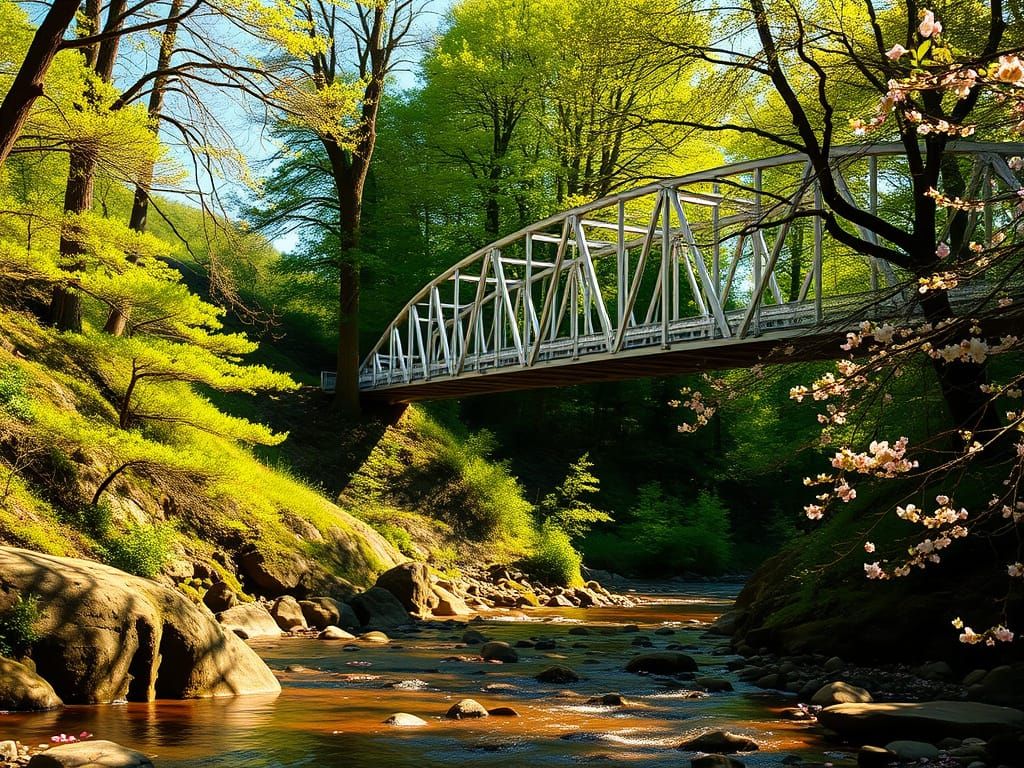 Elegant Spring Forest with Victorian-Era Suspension Bridge