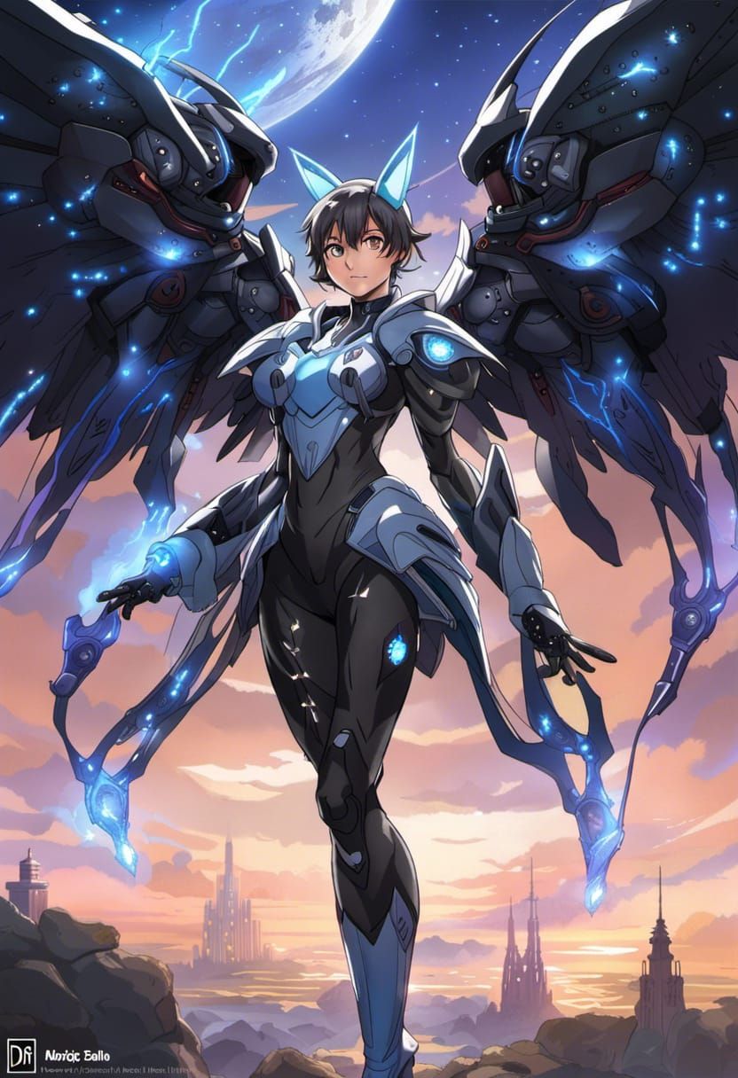 Winged Mecha Exosuit with Cat Girl in Anime Style