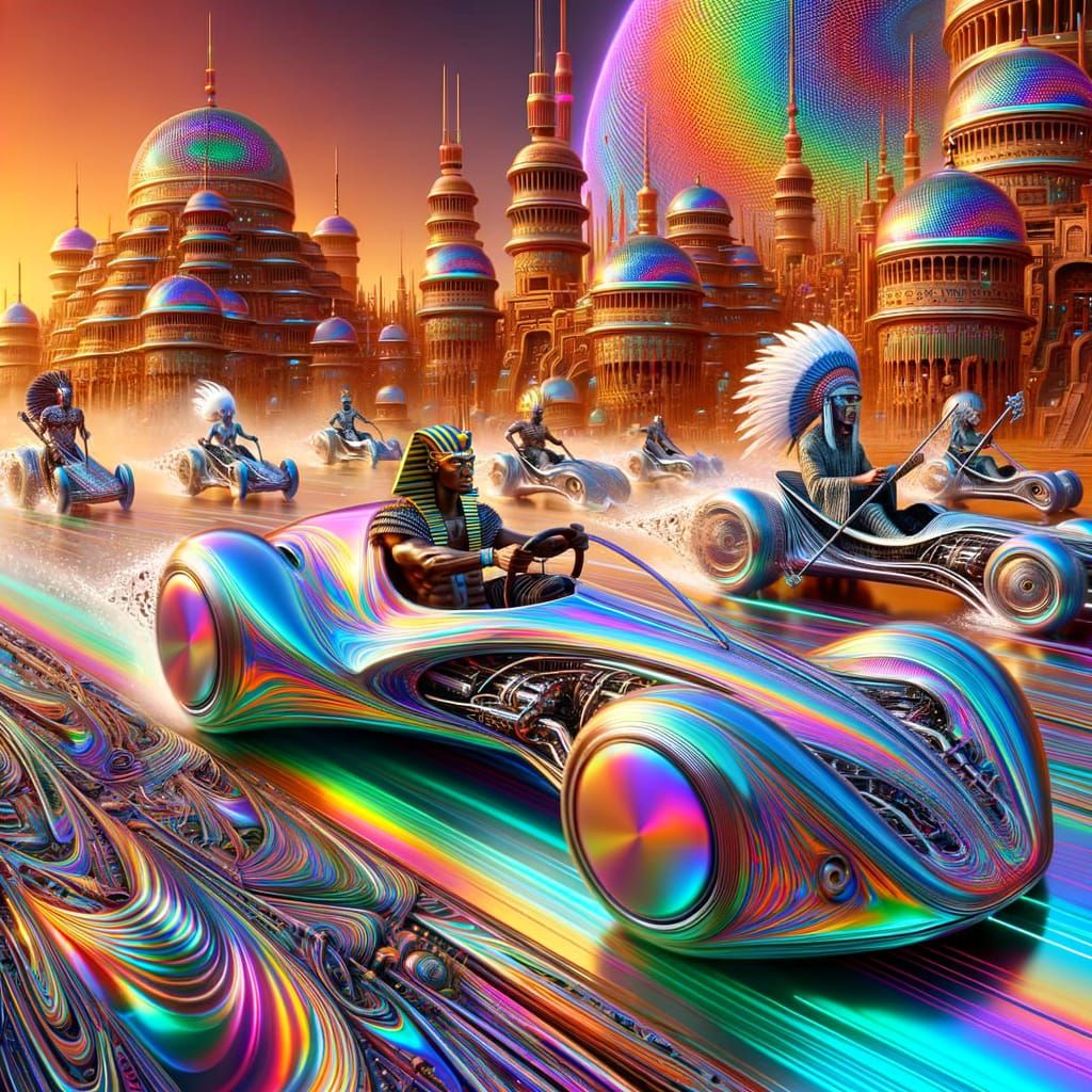 Pharaoh Races Pod Chariot in Futuristic Metropolis