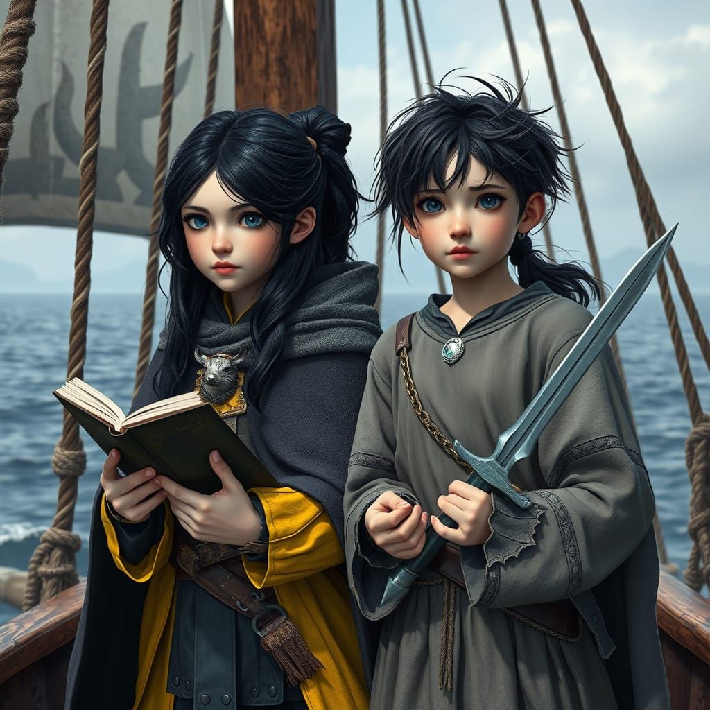 Medieval Shipboard Scene in Vibrant Colors and Intricate Det...