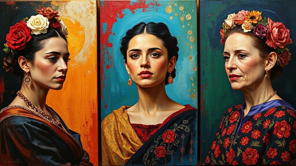 Triptych Oil Painting of Womanhood's Journey