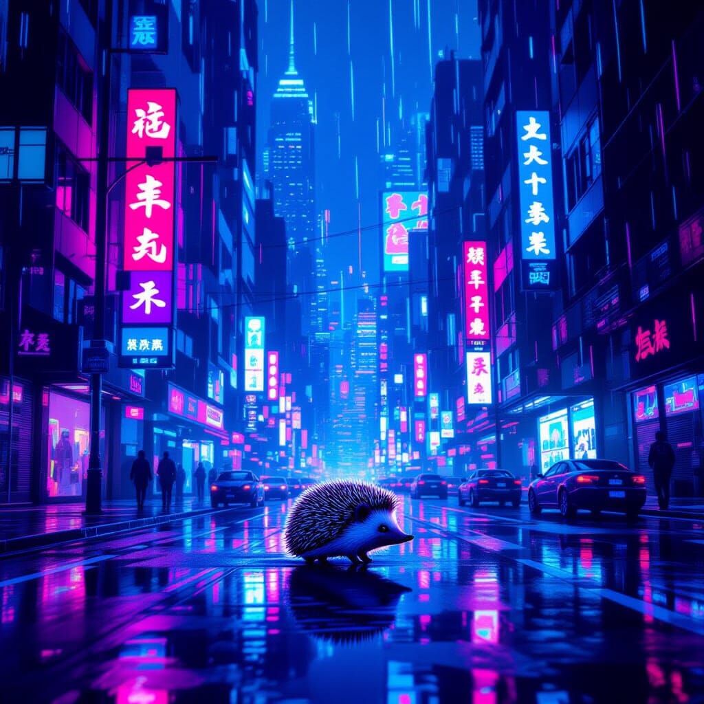 Cyberpunk Hedgehog in Neon Cityscape